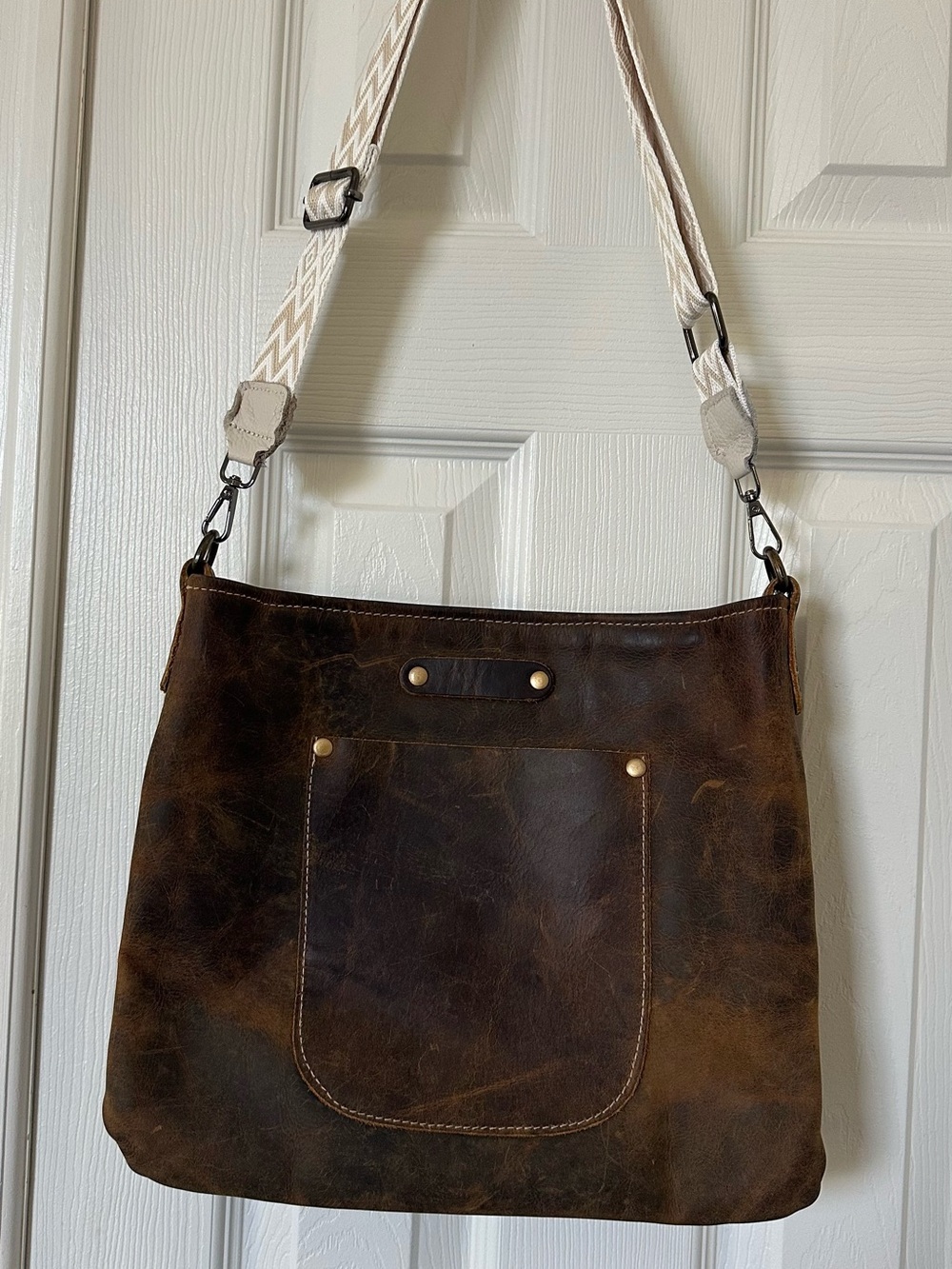 Myra Bag Distressed Brown Leather Hobo with Cream Woven Strap